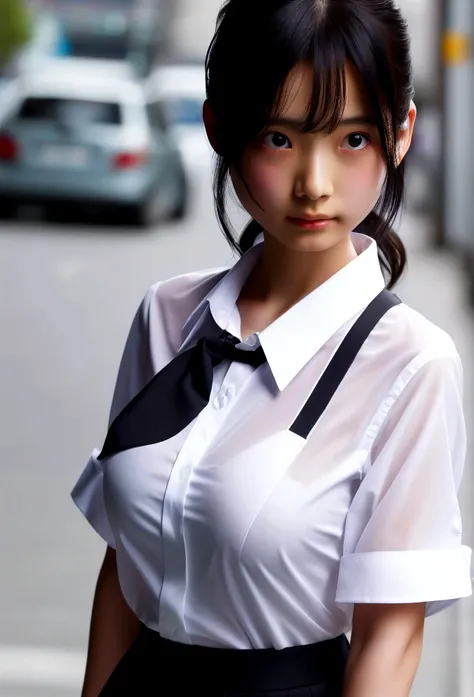 8k,RAW photo,ultra high res,realistic photo,extremely detailed CG unity 8k wallpaper1 cute girl,japanese girl,black hair,in summer,Bustling city,(sweating:1.1),sweat,disgust,(confused:1.2),in a sheer see through wet white shirt,huge breasts,The pattern of ...