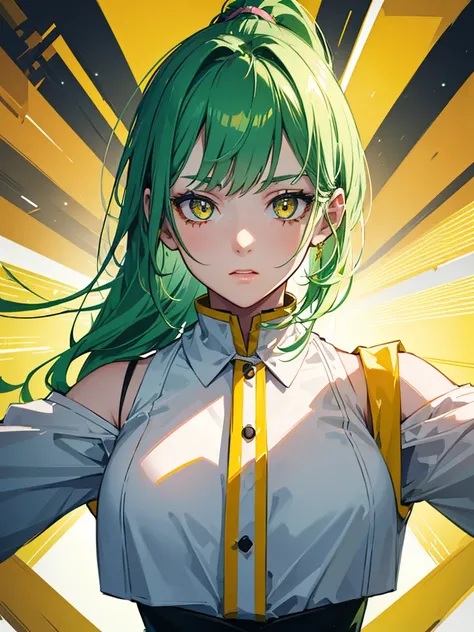 1girl,,Elementary school student,green hair,yellow eyes,ponytail,white suit,green overall,upper body,hyper detailed,cinematic lighting,highly detailed facial features,extremely detailed eyes,beautiful detailed lips,beautiful detailed nose,best quality,mast...