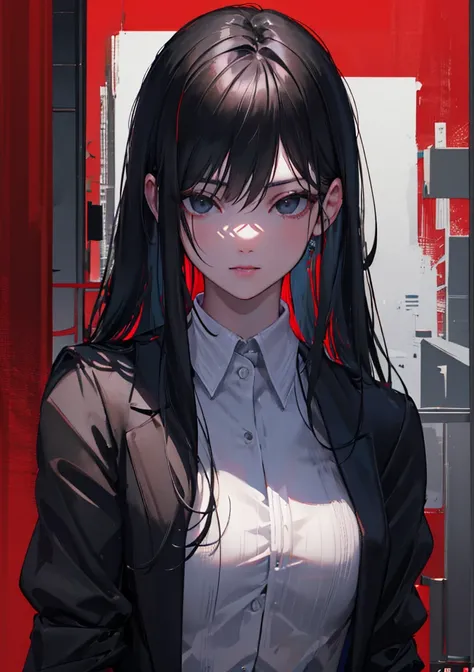 beautiful woman in business suit, long black hair, black eyes, looking at viewer, red background, intricate details, hyperrealistic, 8k, octane render, chiaroscuro lighting, cinematic composition, dramatic atmosphere, digital art