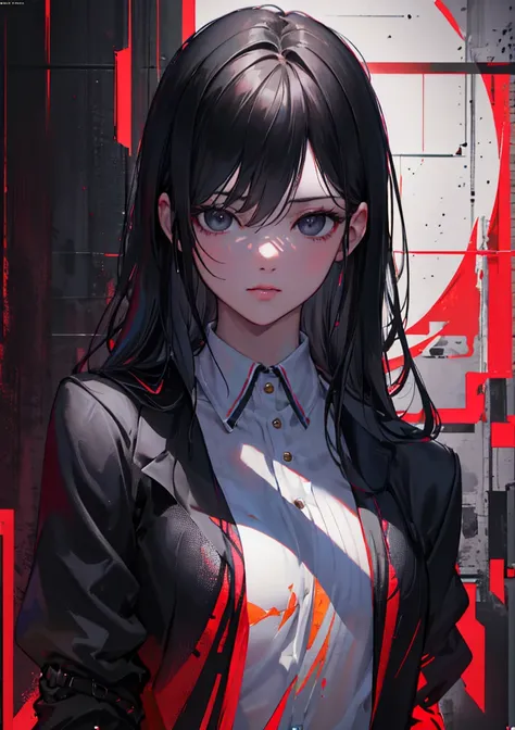 beautiful woman in business suit, long black hair, black eyes, looking at viewer, red background, intricate details, hyperrealistic, 8k, octane render, chiaroscuro lighting, cinematic composition, dramatic atmosphere, digital art