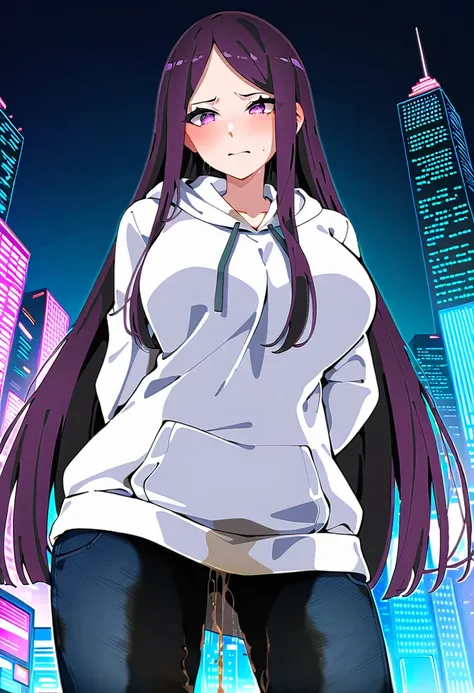 (masterpiece:1.37), best quality, (extremely detailed:1.37), woman, (mature:1.5), (adult:1.5), large breasts, very long hair, (straight hair:1.5), dark purple hair, purple eyes, (extremely detailed eyes:1.37), hoodie, jeans, desperation, (wetting self:2.0)...