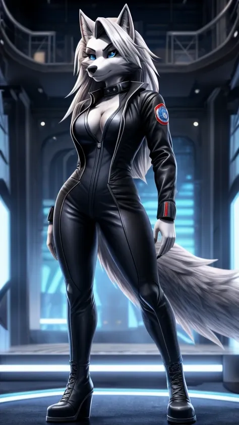 loona from helluva boss, female wolf, mature adult, anthro, white hair, blue eyes, forensic suit outfit, standing, detailed, sol...