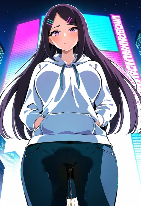 (masterpiece:1.37), best quality, (extremely detailed:1.37), woman, (mature:1.5), (adult:1.5), large breasts, very long hair, (straight hair:1.5), dark purple hair, purple eyes, (extremely detailed eyes:1.37), hoodie, jeans, desperation, (wetting self:2.0)...