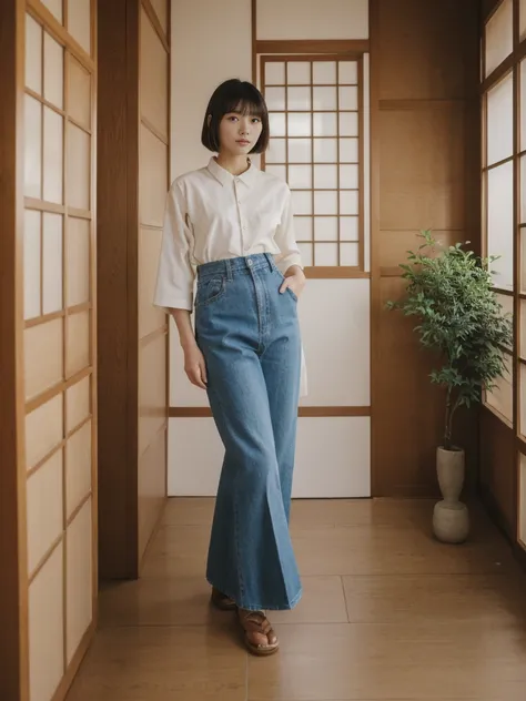 her name is Asako, high quality, 1girl, ((20-year-old fit Caucasian woman)), ((20 years old)), ((slim)), ((Korean Short Bob)), pose: standing, wearing trendsetting Generation-Z modern wear different colored, BACKGROUND: "Inside a traditional teahouse, expe...