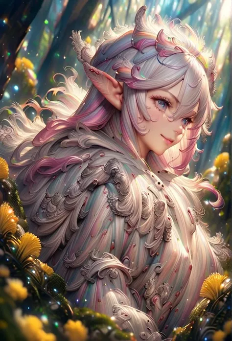 Hair between eyes, pink hair, short hair, curls, (pink eyeliner), thick eyelashes, white long sleeves with green patterns, long eyelashes, (hip armor), (hip wings), elf, layered shoulder armor, silver streaks on hair, enchanted forest, golden flowers, ligh...