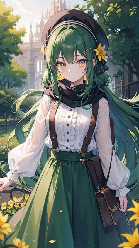 black beret, Long green hair, yellow eyes, long hair, hair parted to the right, hair clip, flower in hair, smile, calm, long skirt, maxi skirt, frills, pink blouse, cross body bag, garden, hand on chests, sunlight, scarf, ultra-detailed, absurdres, unreal ...