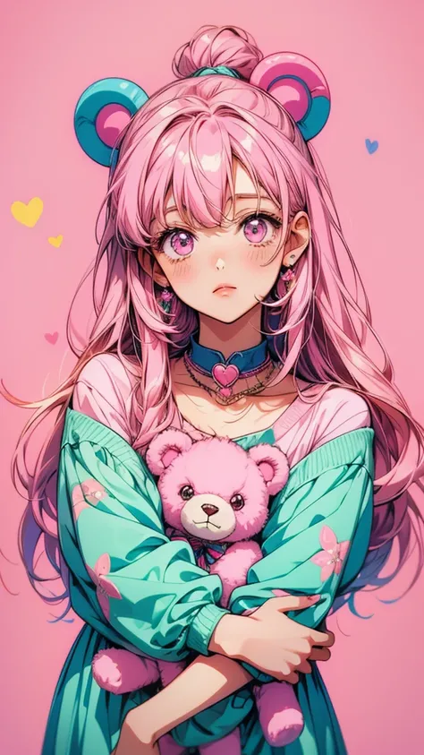 Close-up of a person holding a teddy bear against a pink background, Decora style illustrations, Cute art style, Cute girl anime visuals, Cute anime manga style, Anime art style, Pin on anime, beautiful Anime art style, Anime Moe Art Style, Anime Graphic I...