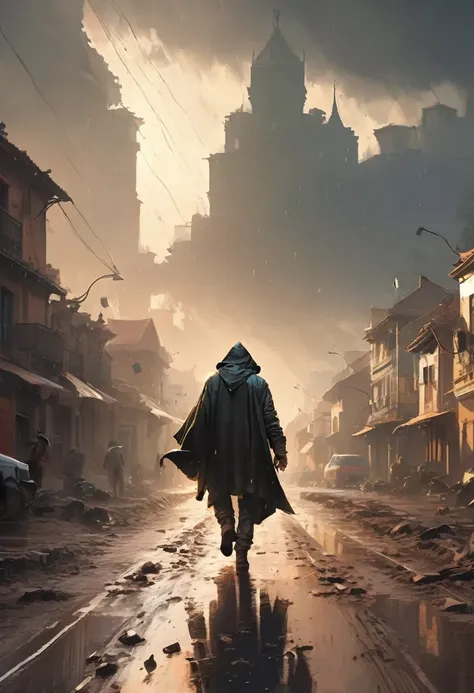 a man looking at the end of a straight road, mans hands up triumphantly, rain, old town, feet buried in mud on the road, masterpiece, best quality, (highly detailed CG unity 8k wallpaper), (best quality), (best illustrations ), (best shadows), absurdres, r...