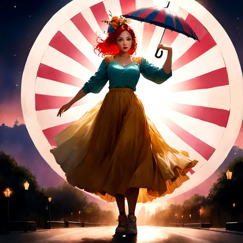 photo of redhead woman wearing frevo clothes, (park as background:1.3),flowers on head, colorful top, golden skirt,sneakers, dancing, frevowear, holding a colorful umbrella, posing, realistic, masterpiece, highres, cinematic lighting, perfect face, detaile...