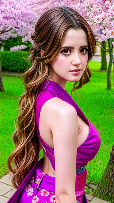 ((front view)), Laura Marano as (wearing a small kimono)，cherry trees in background, big breasts, huge cleavage, photoreal render，high contrast image, rendering by octane，zbrush。character design，realisticlying，unreal-engine，ultra - detailed，concept-art，tre...