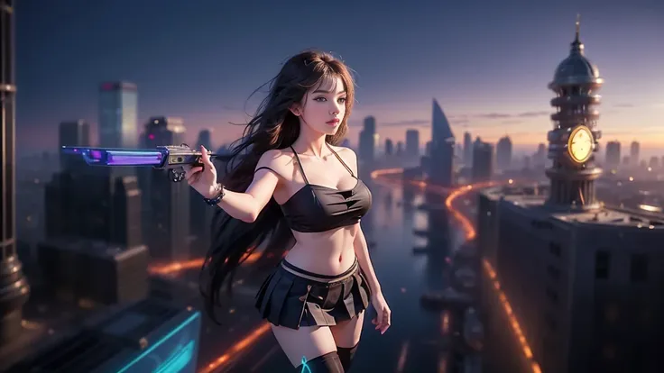 At night, (((aerial view of futuristic sci-fi cyberpunk city, skyscrapers, (((flying cars))), (giant vortex glowing hologram (((clock tower))) as time machine), high quality))). Matrix style, (1girl, solo), photo realistic, (((large-breast:1.2 slim body, c...