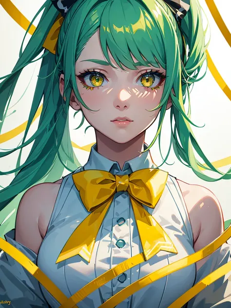 1girl,Girl,green hair,yellow eyes,ponytail,white suit,green overall,A bow tie,upper body,hyper detailed,cinematic lighting,highly detailed facial features,extremely detailed eyes,beautiful detailed lips,beautiful detailed nose,best quality,masterpiece