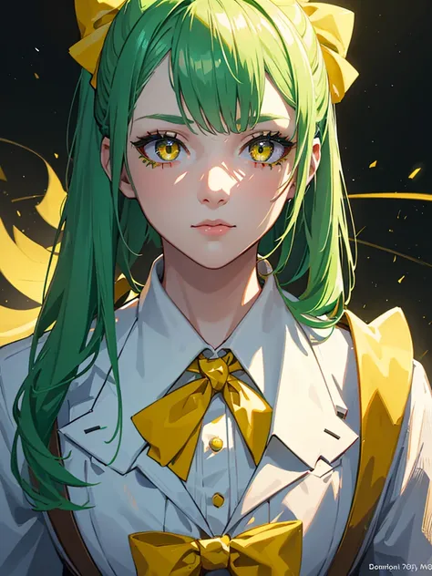 1girl,Girl,green hair,yellow eyes,ponytail,white suit,green overall,A bow tie,upper body,hyper detailed,cinematic lighting,highly detailed facial features,extremely detailed eyes,beautiful detailed lips,beautiful detailed nose,best quality,masterpiece