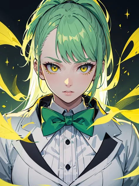 1girl,Girl,green hair,yellow eyes,ponytail,white suit,green overall,A bow tie,upper body,hyper detailed,cinematic lighting,highly detailed facial features,extremely detailed eyes,beautiful detailed lips,beautiful detailed nose,best quality,masterpiece