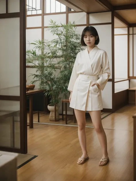 her name is Asako, high quality, 1girl, ((20-year-old fit Caucasian woman)), ((20 years old)), ((slim)), ((Korean Short Bob)), pose: standing, wearing Contemporary Generation-Z modern wear different colored, BACKGROUND: "Inside a traditional teahouse, expe...