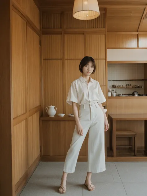 her name is Asako, high quality, 1girl, ((20-year-old fit Caucasian woman)), ((20 years old)), ((slim)), ((Korean Short Bob)), pose: standing, wearing Contemporary Generation-Z modern wear different colored, BACKGROUND: "Inside a traditional teahouse, expe...