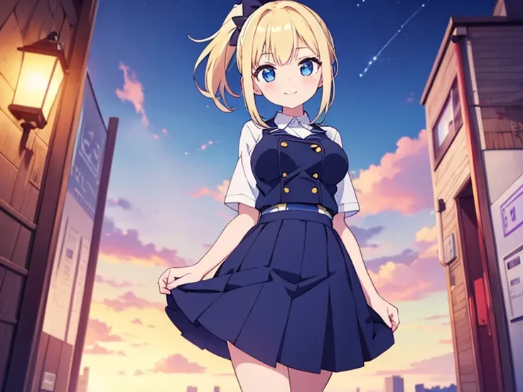 Naughty woman, 12 years old, Wear a uniform, Navy Skirt, Long skirt, Put on a shirt, close, anime, anime movie, Twinkle smile, Pale blue eyes, Blonde ponytail、Ample breasts、thin