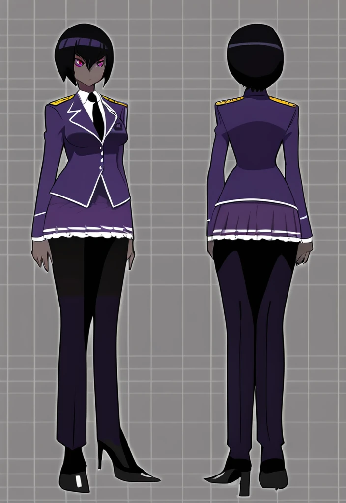 Make a evil military black anime woman in a purple skirt suit witha tie on full body 