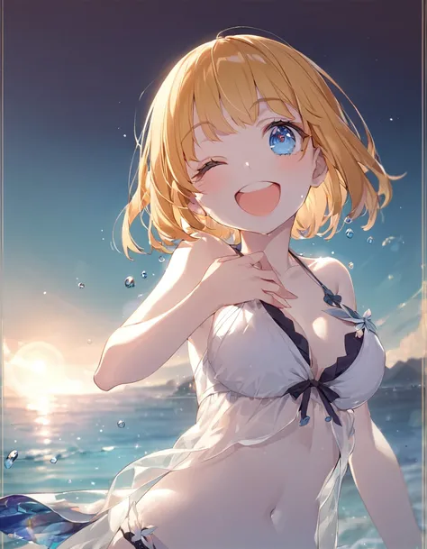 A cute girl in a swimsuit（original bikini swimsuit）(Small body) (Little Girl:1.5), (blonde:1.5）(eyelash:1.2)(eye shadow:1.3) (Blue eyes:1.5), (Beautiful fine details:1.4) (Short Bob Hair:1.4), (Blue eyes)(Big Breasts:1.3) (White skin:1.2)Height: 130cm, ori...