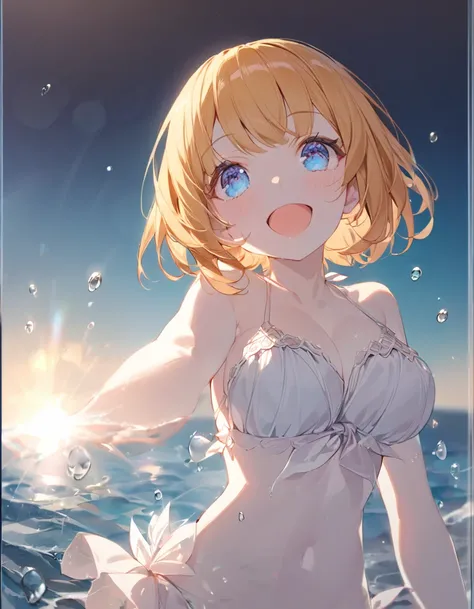 A cute girl in a swimsuit（original bikini swimsuit）(Small body) (Little Girl:1.5), (blonde:1.5）(eyelash:1.2)(eye shadow:1.3) (Blue eyes:1.5), (Beautiful fine details:1.4) (Short Bob Hair:1.4), (Blue eyes)(Big Breasts:1.3) (White skin:1.2)Height: 130cm, ori...