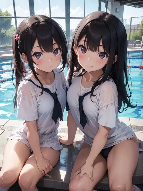 ((Highest quality)), ((masterpiece)), (detailed),Perfect Face,Strong light from the front,With front light,Two naked middle school sisters spread their legs in the school pool and show the camera a close-up of their crotches,