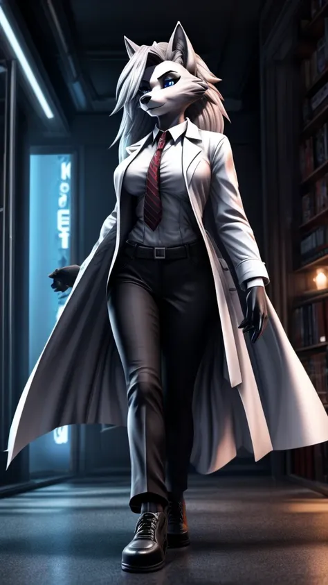 Loona from Helluva Boss, female wolf, mature adult, anthro, white hair, blue eyes, forensic expert, white shirt with tie, black pants, black shoes, forensic transparent overcoat, detailed, solo, beautiful, high quality, 4K