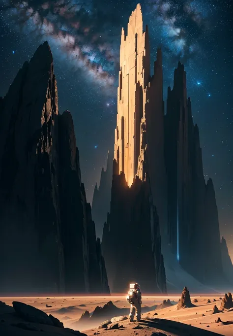 An astronaut stands in awe, gazing up at a colossal mountain that looms majestically in front of them on the Martian surface. The scene is bathed in the soft, ethereal glow of a starry night sky, with countless stars casting their light over the barren, ro...