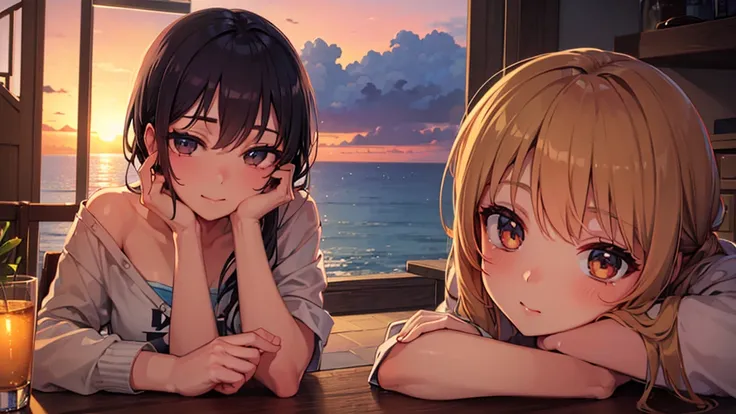 ((Highest quality)), ((masterpiece)), (detailed),(Perfect Face),lofi sunset relax