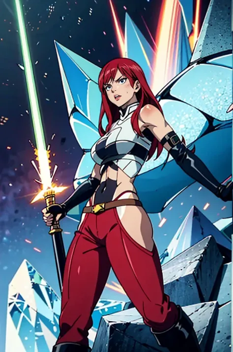 erzascarlet, brown eyes, long red hair, skinny, voluptuous, lean toned body physique, wide hips, tanned, trim stomach, tan skin, crystalline diamond chestplate, tight iridescent dragonscale pants, leather elbow gloves, thick lips, glowing lightsaber, rocke...