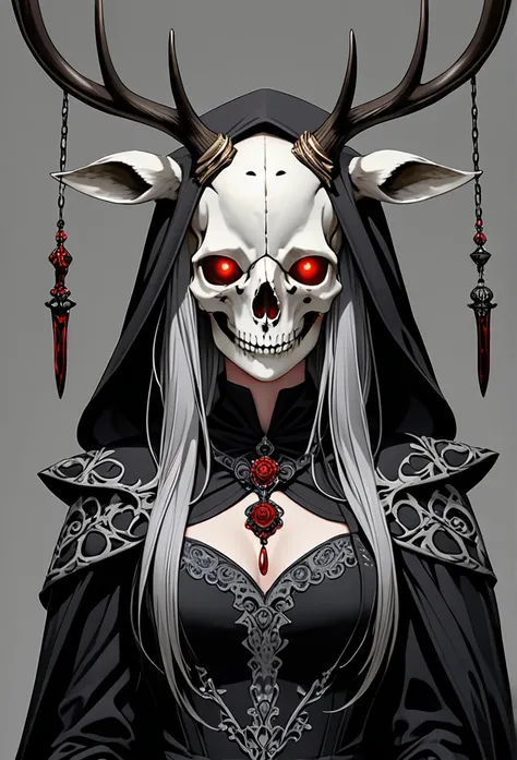 Gere imagens de: Masterpiece, best quality, ultra-detailed in 8K resolution, A detective with a macabre appearance, standing against a plain gray background. She has a deer skull atop her head, with eerie red eyes glowing beneath it. She wears a dark, goth...