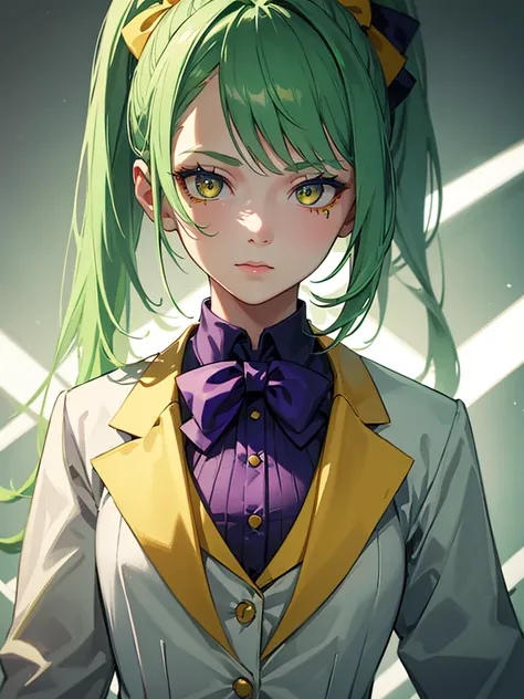 1girl,9 year old girl,green hair,yellow eyes,ponytail,white suit,green overall,Purple bow tie,upper body,hyper detailed,cinematic lighting,highly detailed facial features,extremely detailed eyes,beautiful detailed lips,beautiful detailed nose,best quality,...