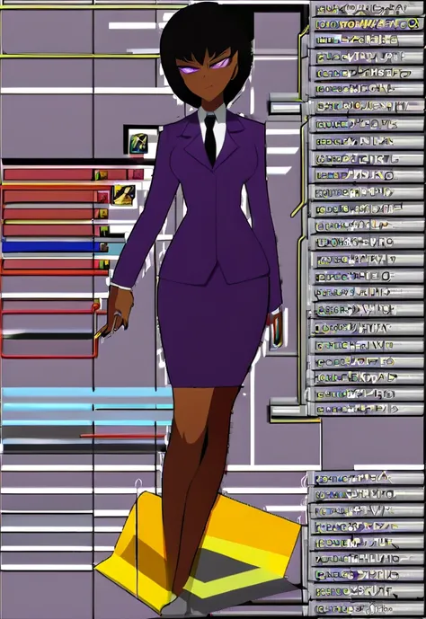 Make a evil military black anime woman in a purple skirt suit witha tie on full body 