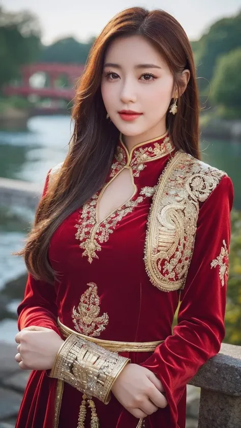 （lifelike， high resolution：1.3）， close up，Chinese Beauty，An old stone bridge in the background，Water gurgles under the bridge，The night is filled with a light mist。She has a string of red agate hanging around her neck.，Warm color。She has retro wavy hair，Sm...