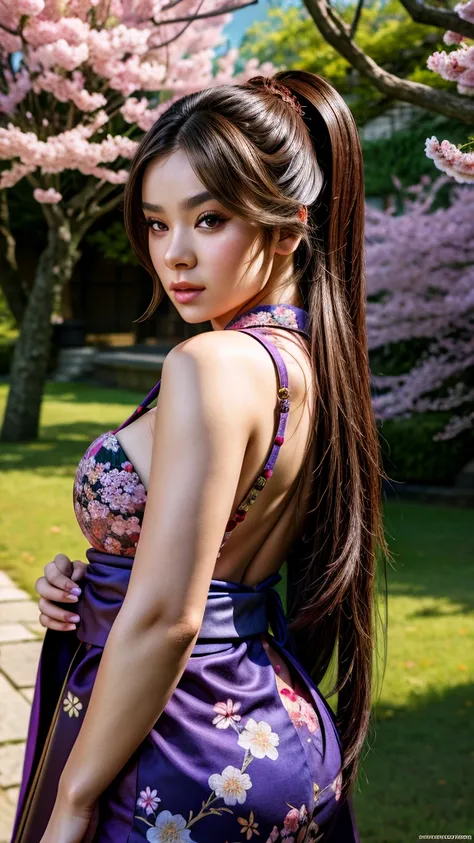 ((front view)), 1 girl (wearing a small kimono)，cherry trees in background, big breasts, huge cleavage, photoreal render，high contrast image, rendering by octane，zbrush。character design，realisticlying，unreal-engine，ultra - detailed，concept-art，trends in ar...