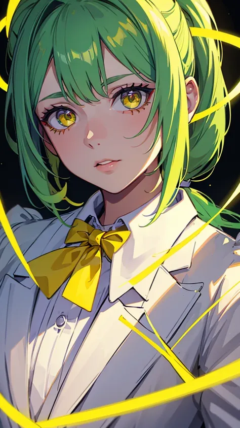 1girl,9 year old girl,green hair,yellow eyes,ponytail,white suit,green overall,Purple bow tie,upper body,hyper detailed,cinematic lighting,highly detailed facial features,extremely detailed eyes,beautiful detailed lips,beautiful detailed nose,best quality,...