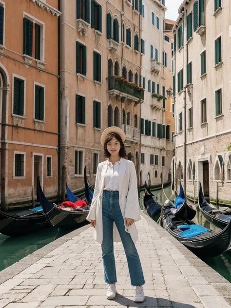 her name is Asako, high quality, 1girl, ((20-year-old fit Caucasian woman)), ((20 years old)), ((slim)), ((Korean Short Bob)), pose: standing, wearing Contemporary Generation-Z modern wear different colored, BACKGROUND: "On the Rialto Bridge, with gondolas...