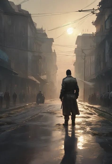 a man looking at the end of a straight road, the light of freedom ahead, a mans hands raised in triumph, rain, the old city, a police car with sirens on, a mans feet buried in the mud on the road, masterpiece, best quality, (very 8k unity CG wallpaper deta...