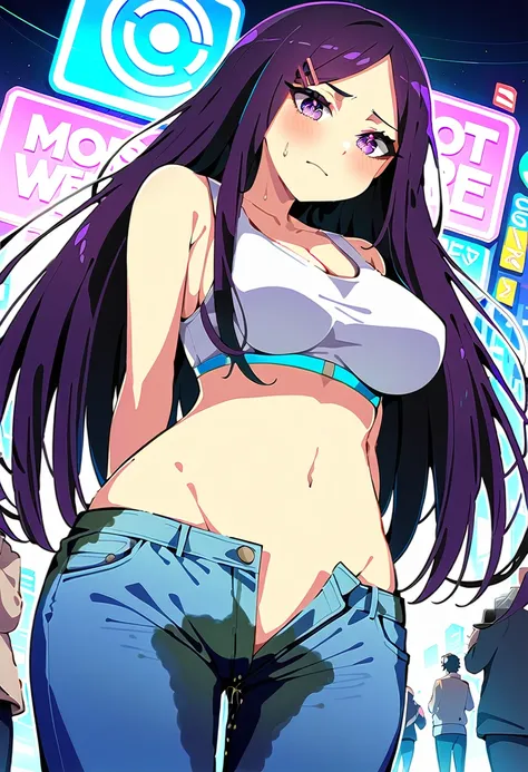 (masterpiece:1.37), best quality, (extremely detailed:1.37), woman, (mature:1.5), (adult:1.5), large breasts, very long hair, (straight hair:1.5), dark purple hair, purple eyes, (extremely detailed eyes:1.37), crop top, cleavage, navel, (groin:1.5), jeans,...