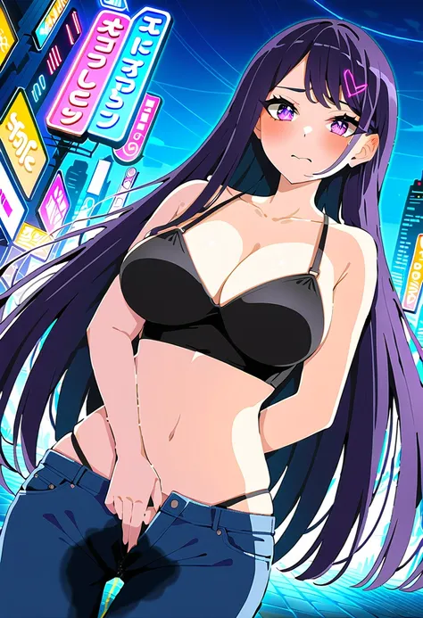 (masterpiece:1.37), best quality, (extremely detailed:1.37), woman, (mature:1.5), (adult:1.5), large breasts, very long hair, (straight hair:1.5), dark purple hair, purple eyes, (extremely detailed eyes:1.37), crop top, cleavage, navel, (groin:1.5), jeans,...