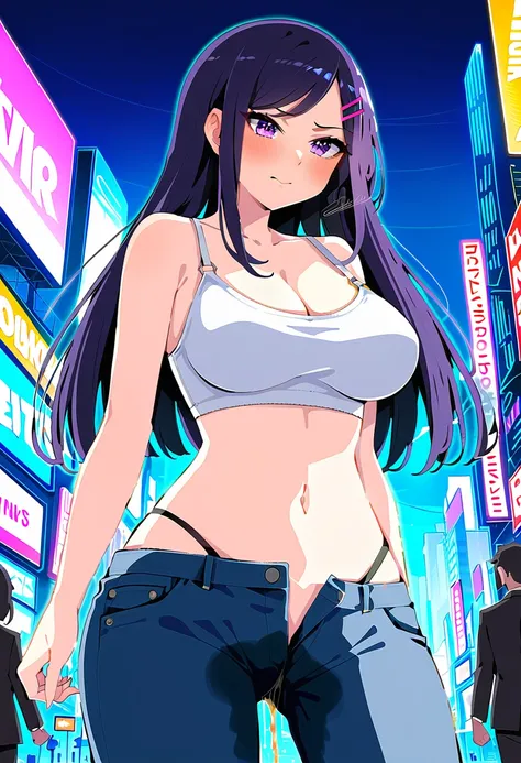 (masterpiece:1.37), best quality, (extremely detailed:1.37), woman, (mature:1.5), (adult:1.5), large breasts, very long hair, (straight hair:1.5), dark purple hair, purple eyes, (extremely detailed eyes:1.37), crop top, cleavage, navel, (groin:1.5), jeans,...