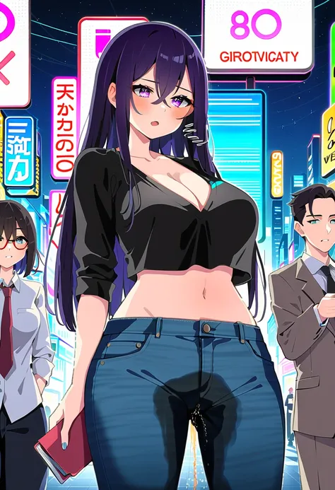 (masterpiece:1.37), best quality, (extremely detailed:1.37), woman, (mature:1.5), (adult:1.5), large breasts, very long hair, (straight hair:1.5), dark purple hair, purple eyes, (extremely detailed eyes:1.37), crop top, cleavage, navel, (groin:1.5), jeans,...