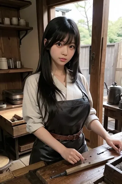 Japanese girl long black hair with bangs big tits, with blacksmith clothes, holding blacksmith tools 