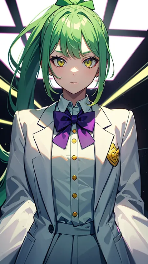 1girl,9 year old girl,green hair,yellow eyes,ponytail,white suit,green overall,Purple bow tie,upper body,hyper detailed,cinematic lighting,best quality,masterpiece