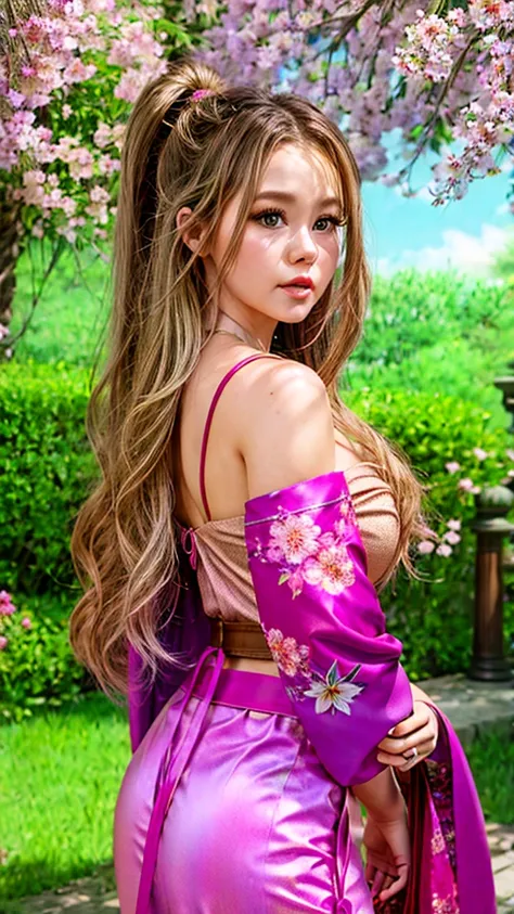 ((front view)), brec bassinger wearing a small kimono，cherry trees in background, big breasts, huge cleavage, photoreal render，h...