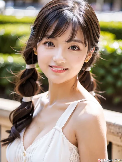 Twin tails, Daytime view, Paris background, Professional director, Professional Lighting, (Highest quality, 12896k,masterpiece), Very cute small round face, Red lipstick, Larger lips, Japanese Idol, Big Breasts, clavicle, white red dress, Ultra HD, (Photor...