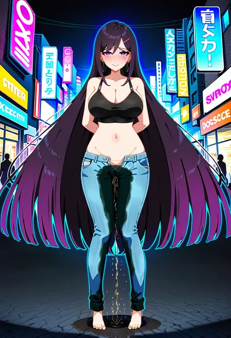 (masterpiece:1.37), best quality, (extremely detailed:1.37), woman, (mature:1.5), (adult:1.5), large breasts, very long hair, (straight hair:1.5), dark purple hair, purple eyes, (extremely detailed eyes:1.37), crop top, cleavage, navel, (groin:1.5), jeans,...