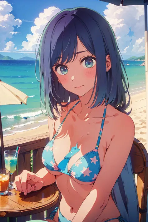 (Highest quality:1.4、masterpiece:1.4、Super detailed:1.4、8K:1.4)、((((1 person、Surprised expression、sit、Outdoor café terrace、coastal、juice、table、Sandy Beach、juiceのグラスを持つ、Plain Bikini、The depth of the written world、Very soft boobs、Big eyes、Very cute face))))、...