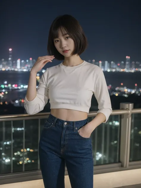 her name is Asako, high quality, 1girl, ((20-year-old fit Caucasian woman)), ((20 years old)), ((slim)), ((Korean Short Bob)), pose: standing, wearing Contemporary Generation-Z modern wear different colored, BACKGROUND: "Overlooking the skyline from Victor...