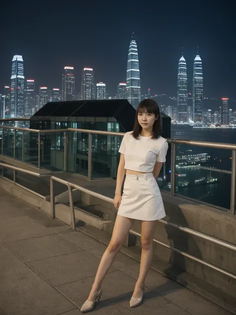 her name is Asako, high quality, 1girl, ((20-year-old fit Caucasian woman)), ((20 years old)), ((slim)), ((Korean Short Bob)), pose: standing, wearing Contemporary Generation-Z modern wear different colored, BACKGROUND: "Overlooking the skyline from Victor...