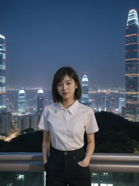 her name is Asako, high quality, 1girl, ((20-year-old fit Caucasian woman)), ((20 years old)), ((slim)), ((Korean Short Bob)), pose: standing, wearing Contemporary Generation-Z modern wear different colored, BACKGROUND: "Overlooking the skyline from Victor...